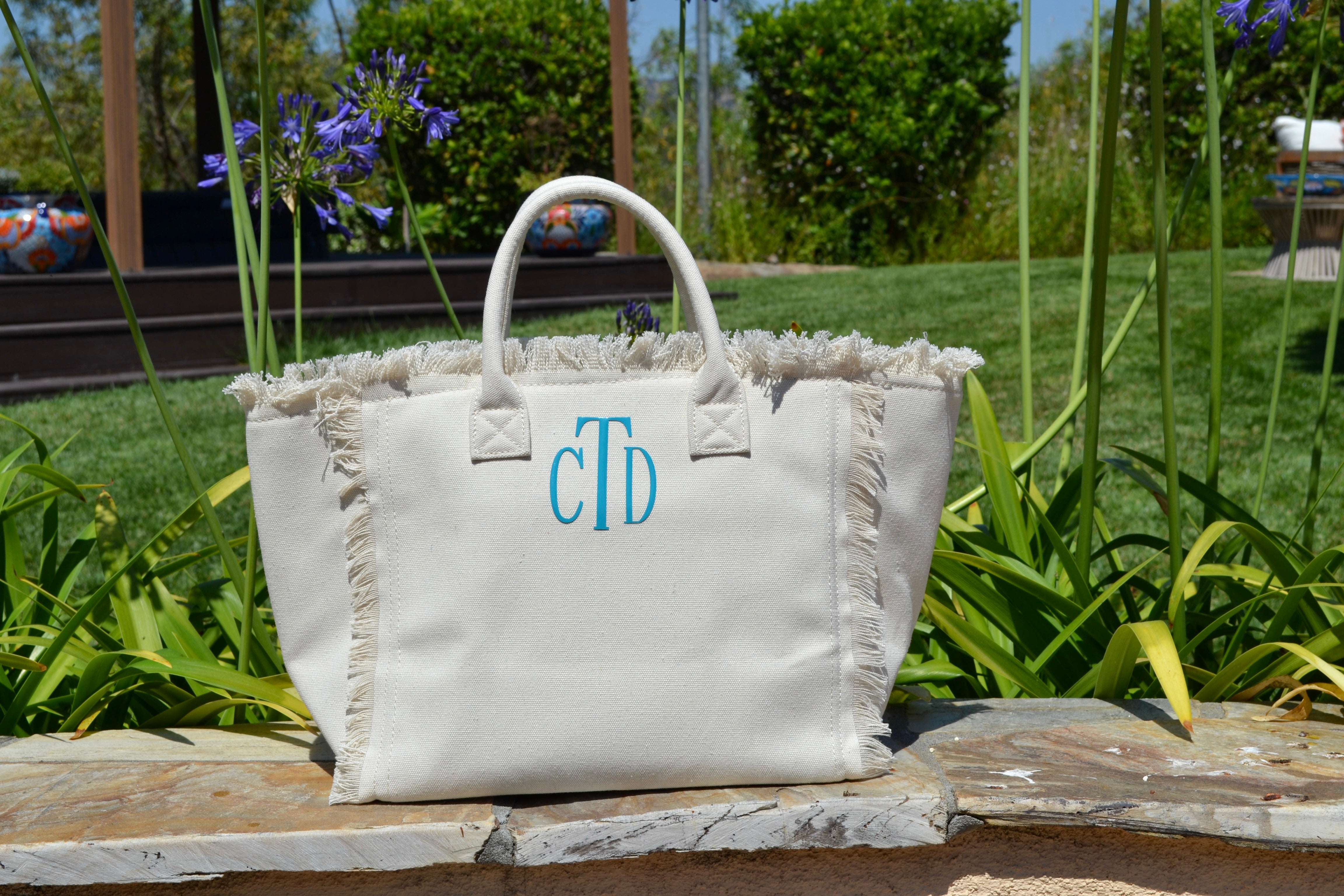Cream and Teal Monogram Tote Bag