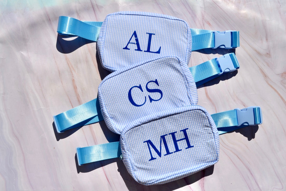 Blue monogram fanny pack