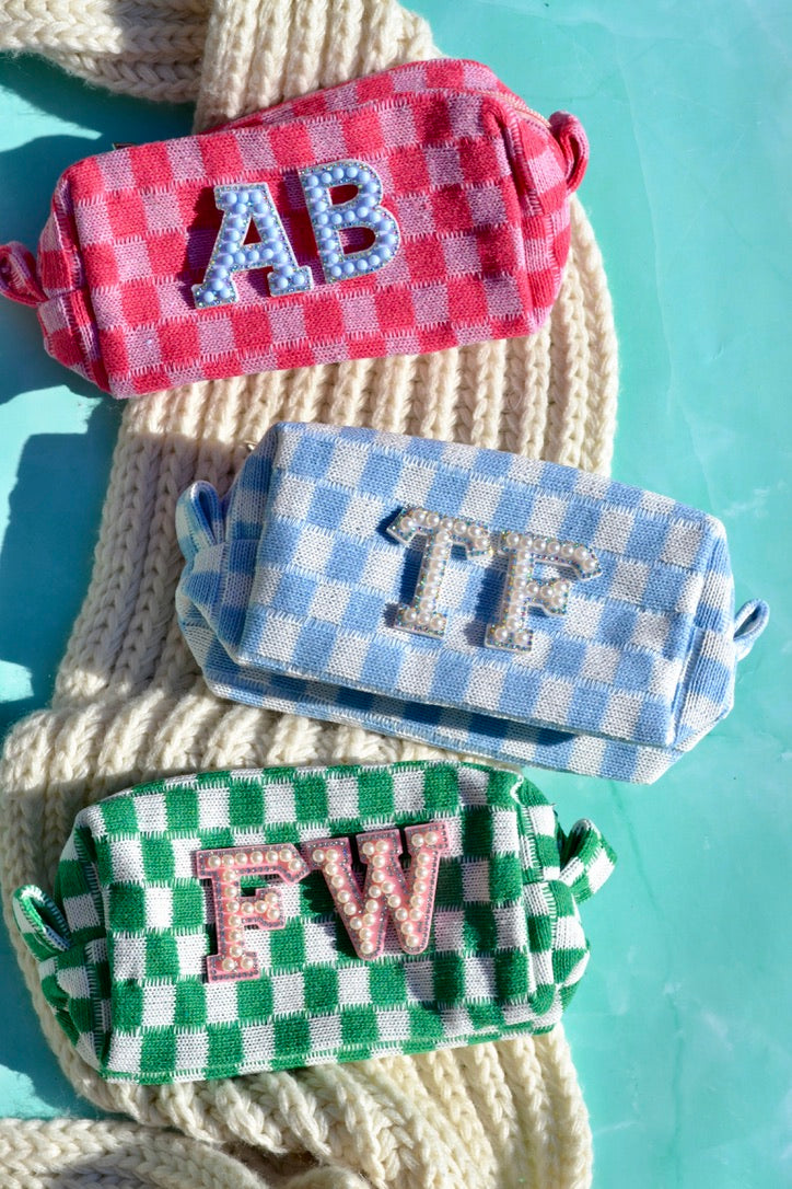 Baby Blue Checkered Makeup Bags, Last Toast on the Coast Favors