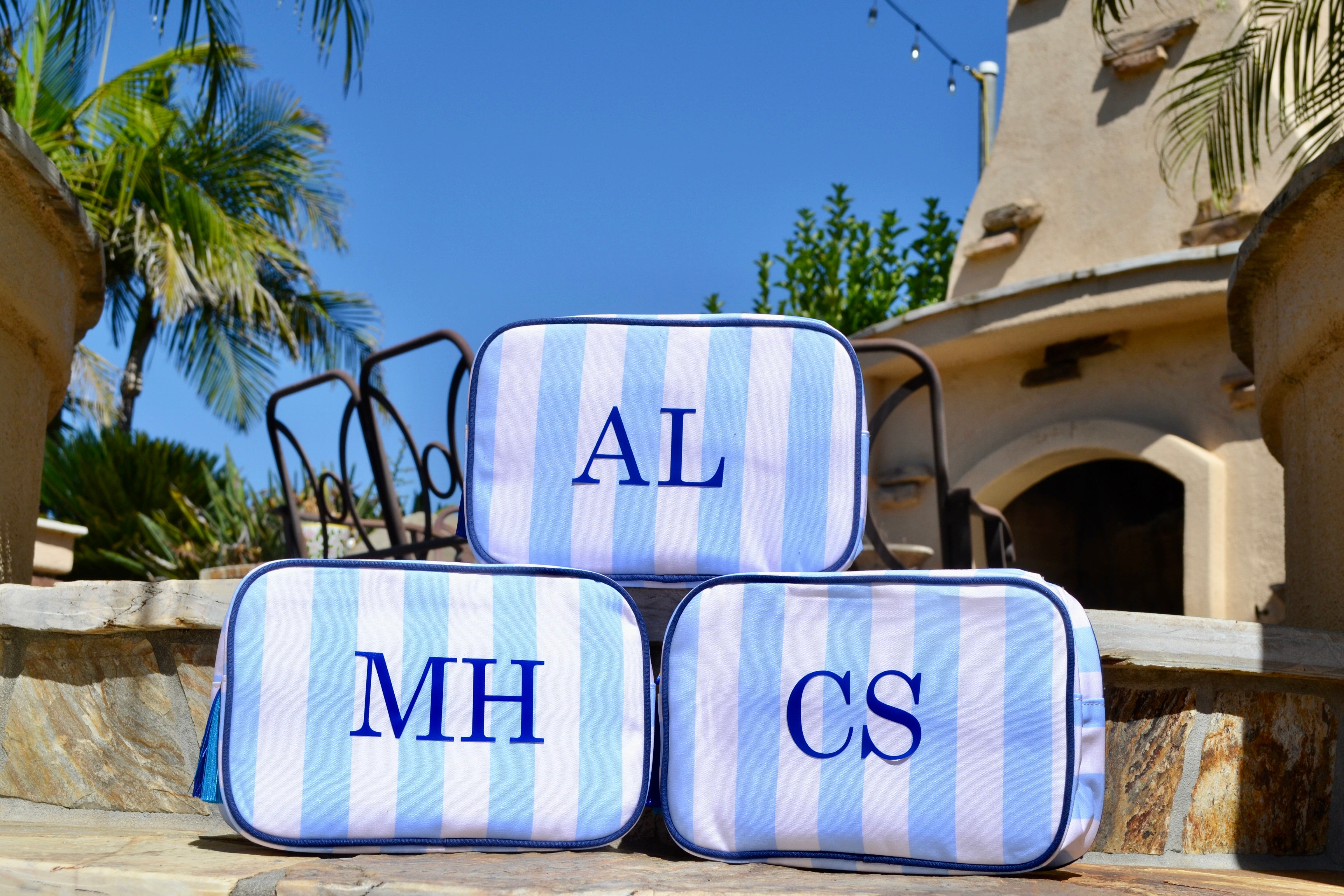 Personalized Striped Blue Monogram Makeup Bag
