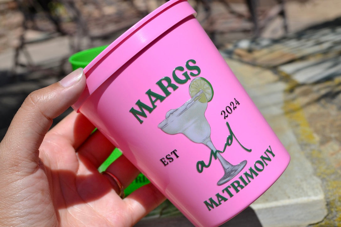 Green and Pink Margs and Matrimony Bachelorette Party Cups