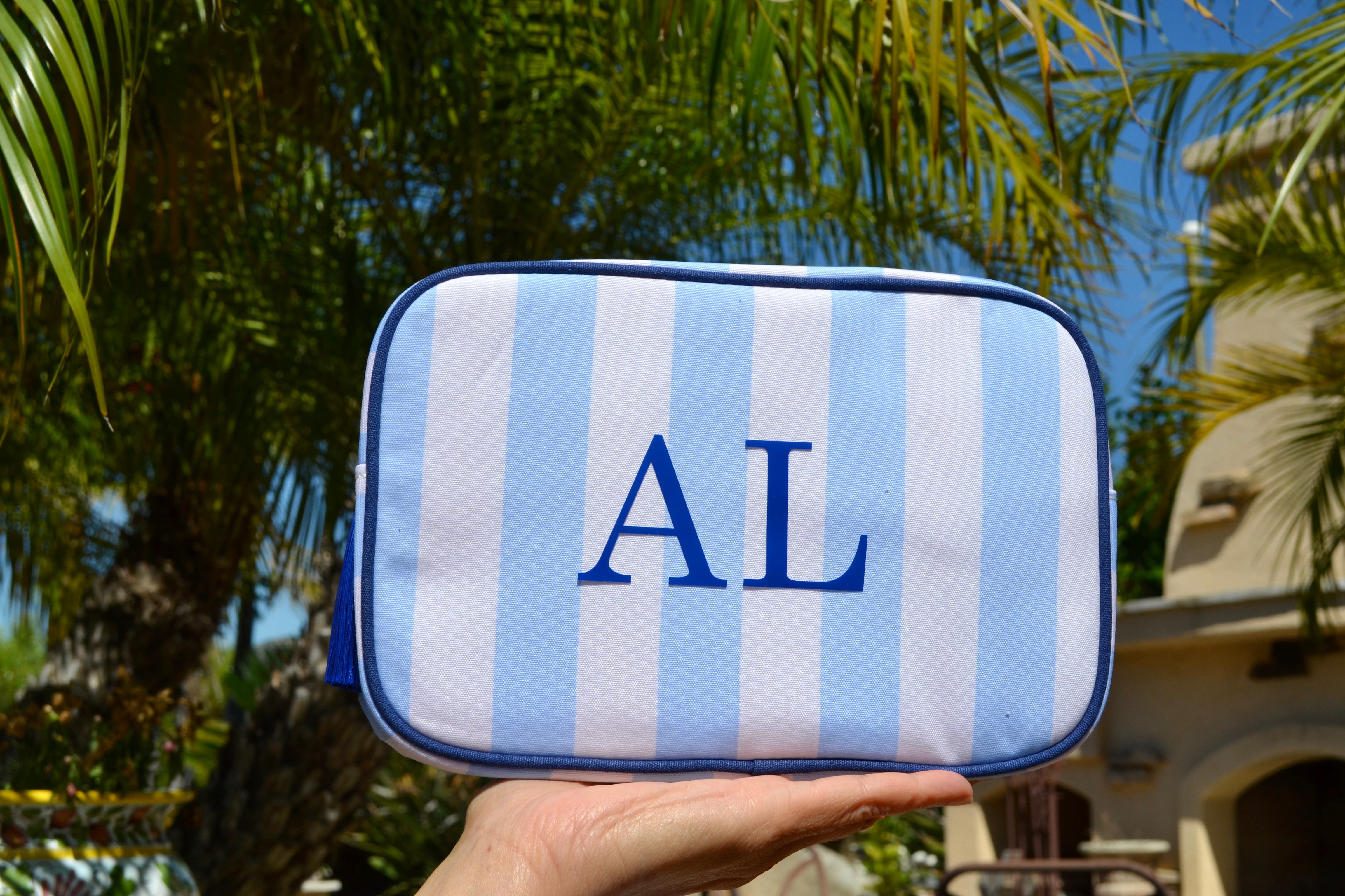 Personalized Striped Blue Monogram Makeup Bag