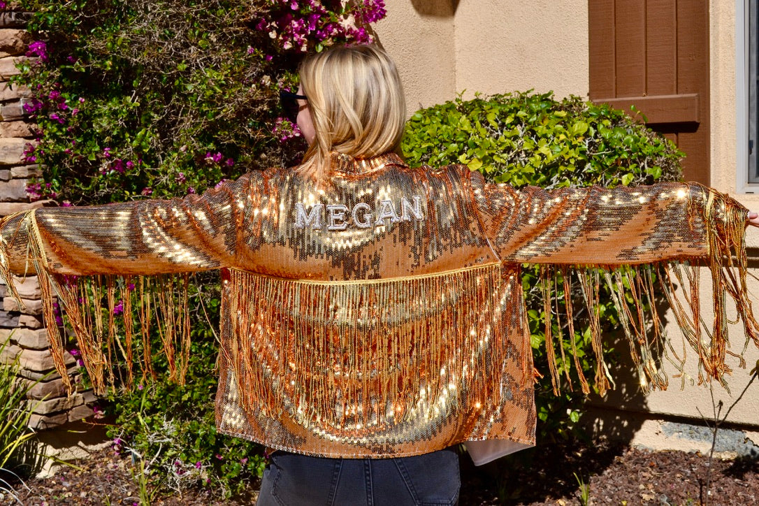 Custom Gold Sequin Fringe Jacket, Country Concert Outfit, Cowgirl Bachelorette Party Outfit, Nashville 21st birthday, Mrs. Wedding Jacket