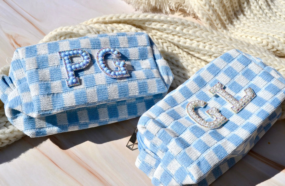 Baby Blue Checkered Makeup Bags, Last Toast on the Coast Favors