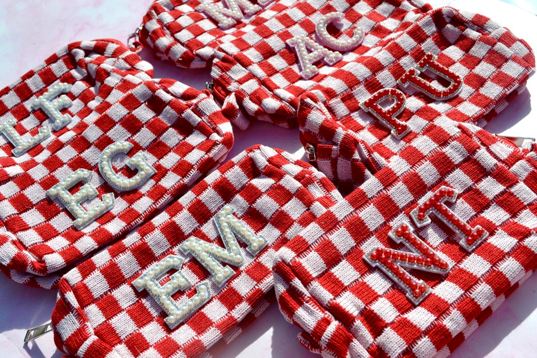 Custom Red Checkered Bridesmaids Makeup Bags