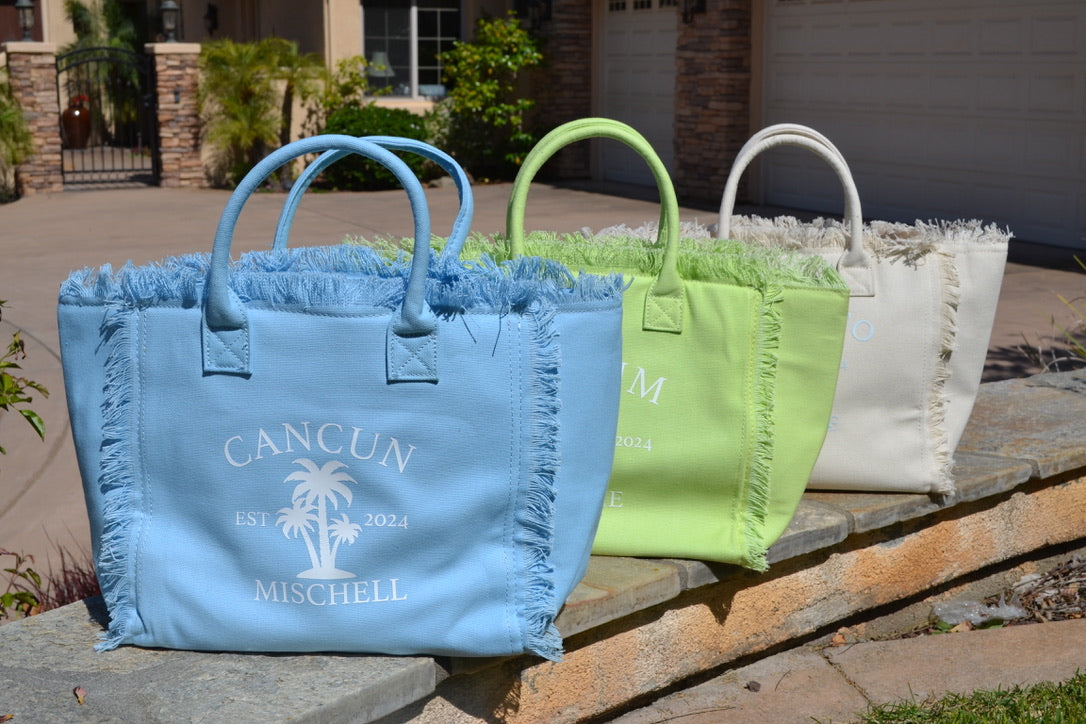 Personalized Large Fringe Canvas Tote Bag, Beach Bachelorette Party Favors, Custom Beach Bag, Bridal Party Gifts, Blue Green Girls Trip Tote