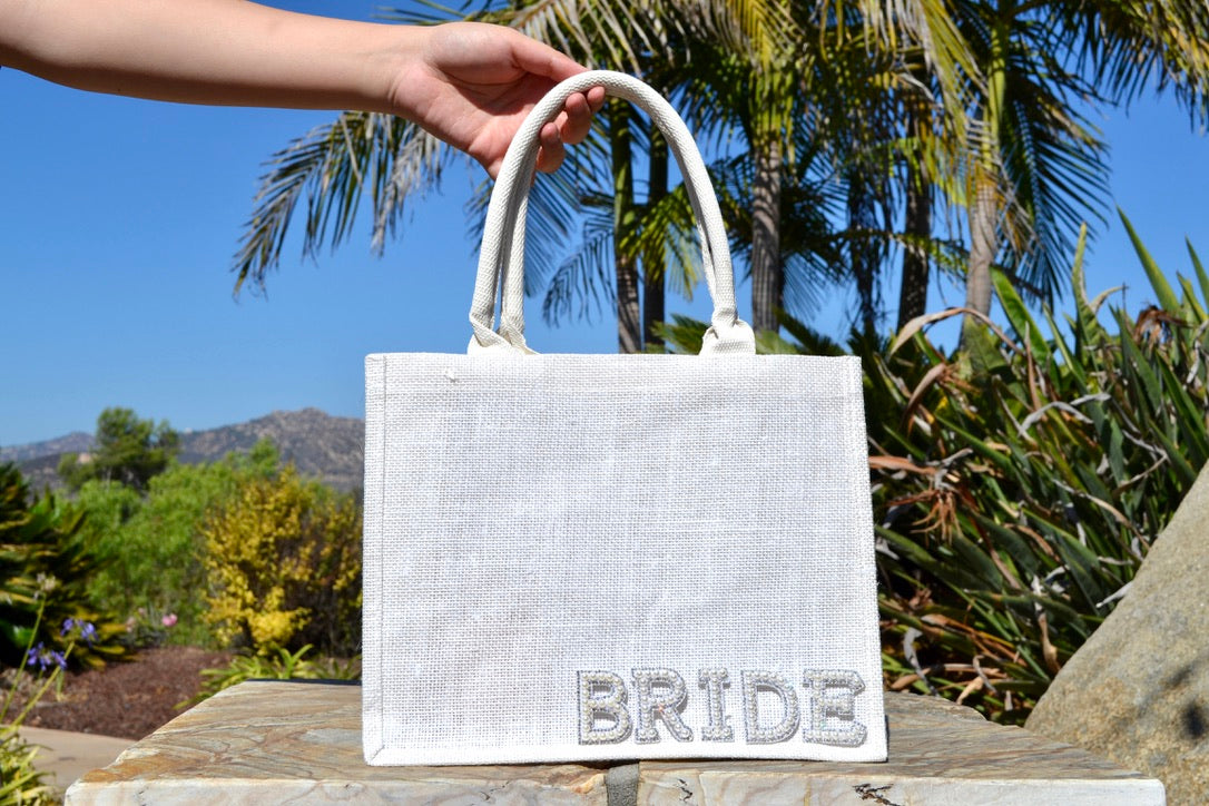 White Burlap Bride Tote Bag