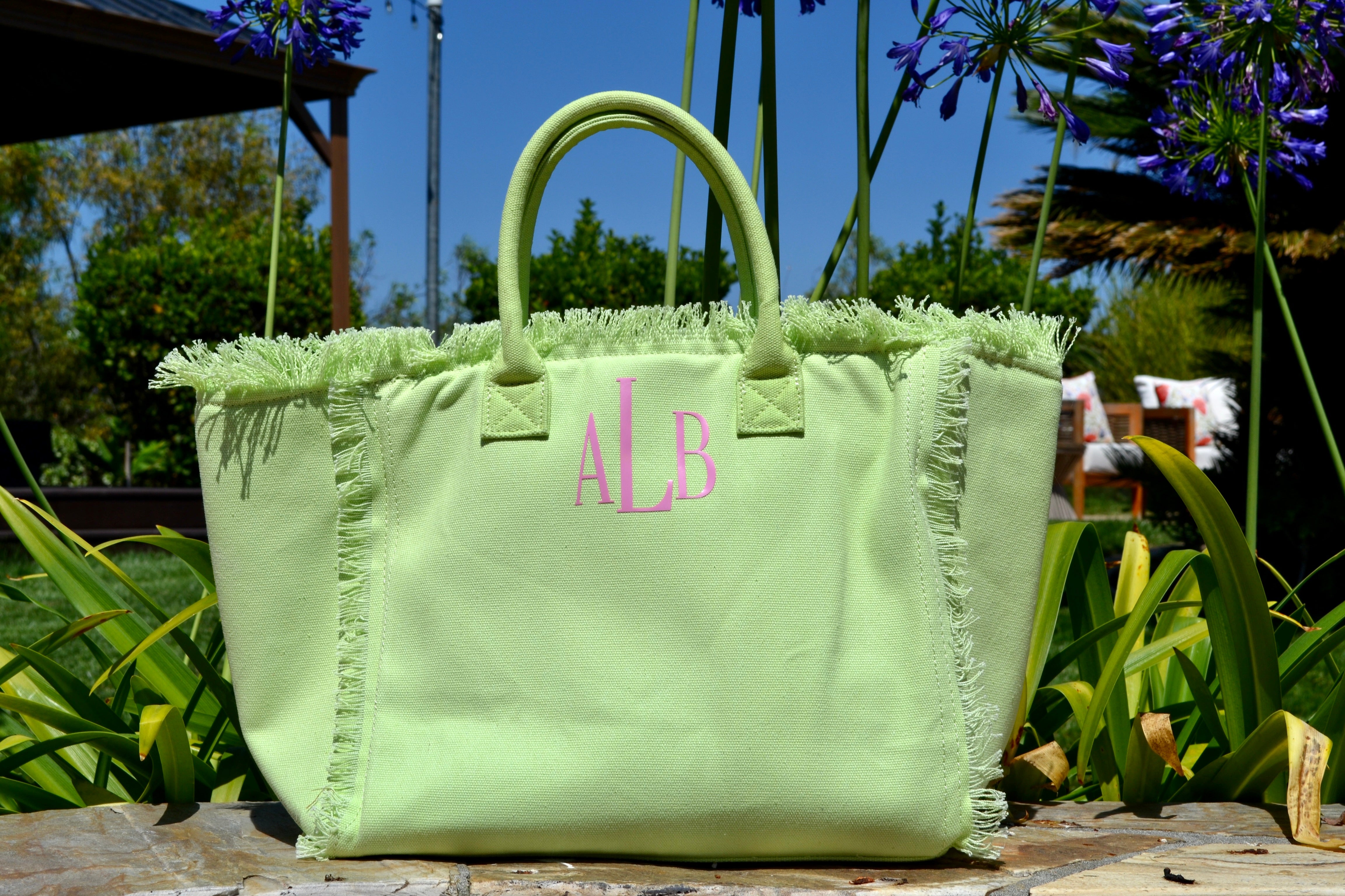 Green and Pink Monogram Tote Bag