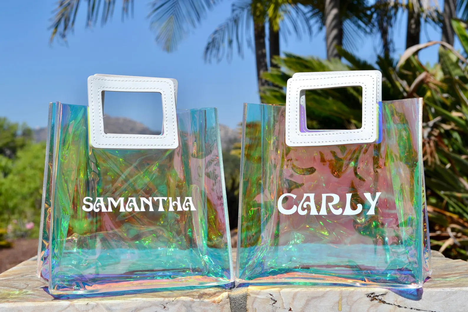 Personalized mini holographic tote bag with iridescent finish, ideal for bachelorette party favors