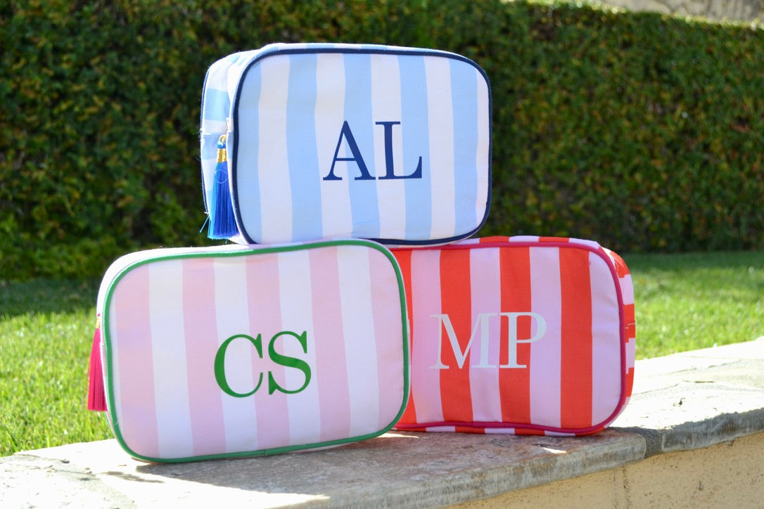 Bridesmaid gift idea – striped canvas toiletry pouch with zipper and custom name or letter