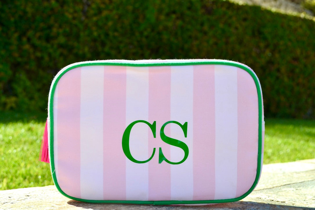 Pink striped custom monogram makeup bag for bridesmaids or bachelorette gifts