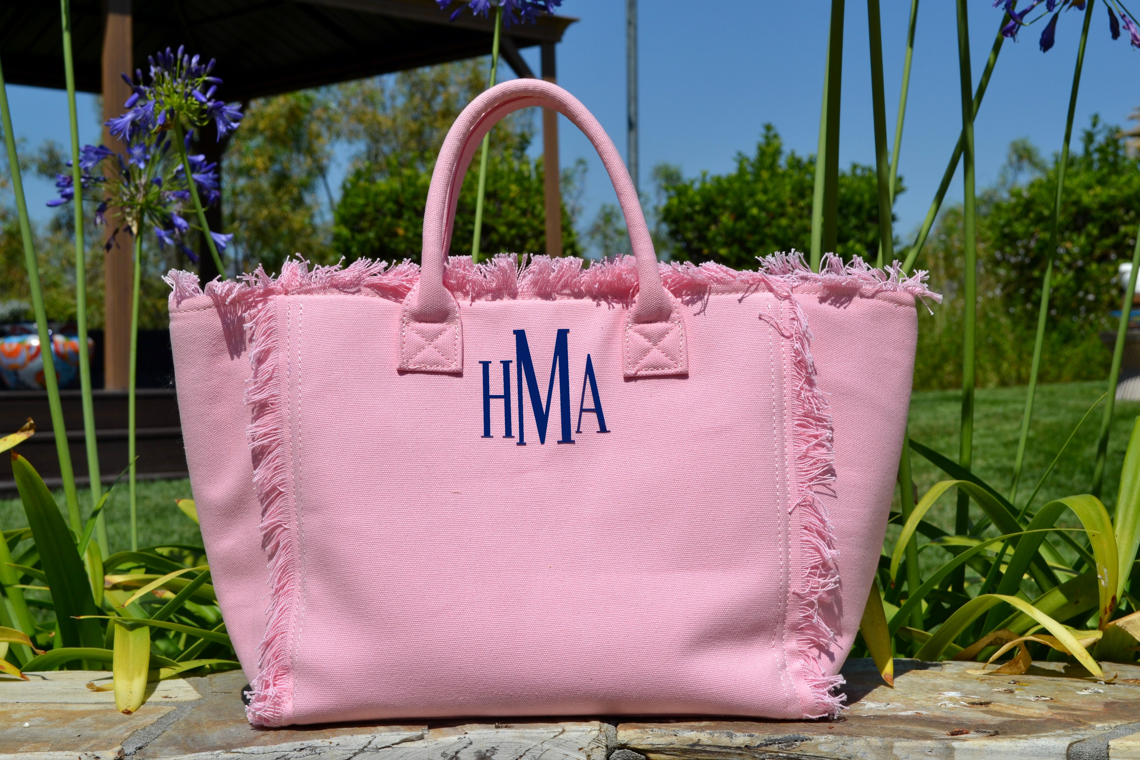 Pink and Navy Blue Monogram Tote Bag