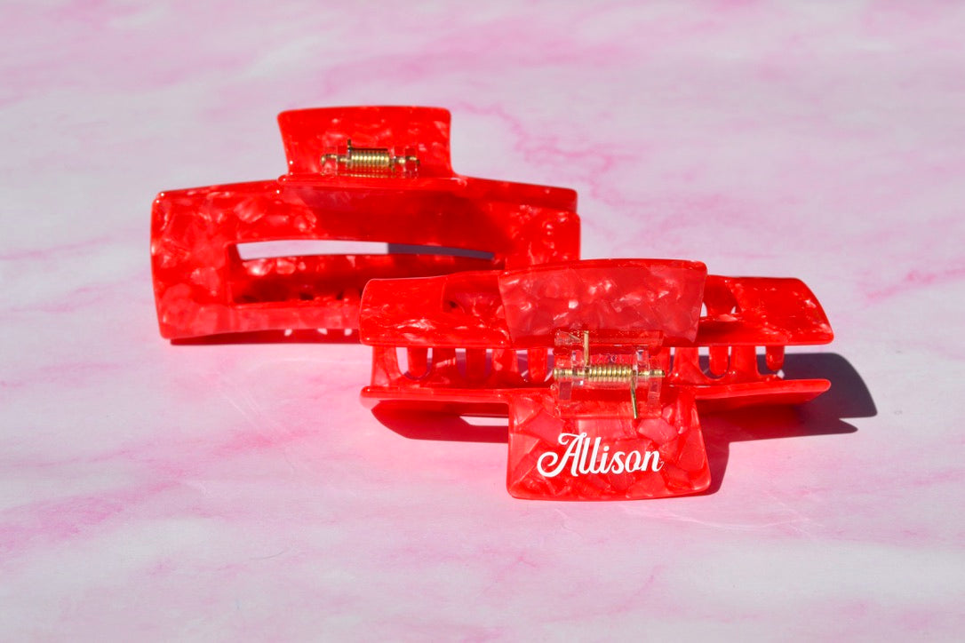 Personalized red hair claw clip with custom name, ideal for bridesmaid gifts