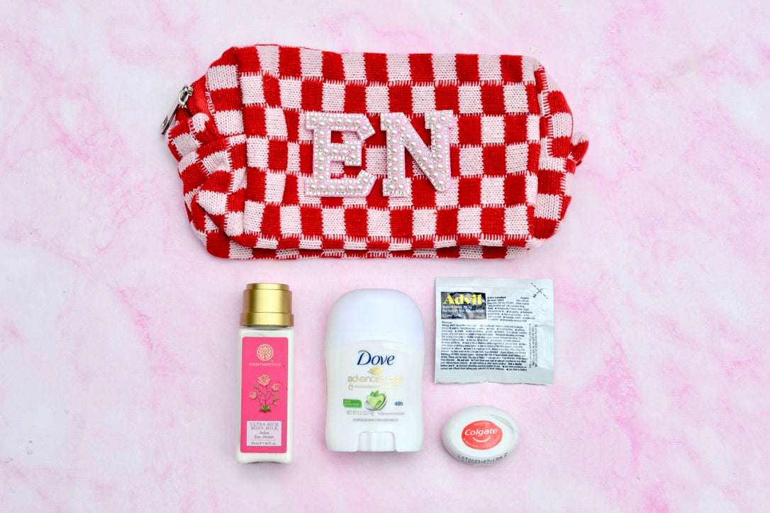 Custom red checkered makeup bag with personalized monogram for bridesmaids