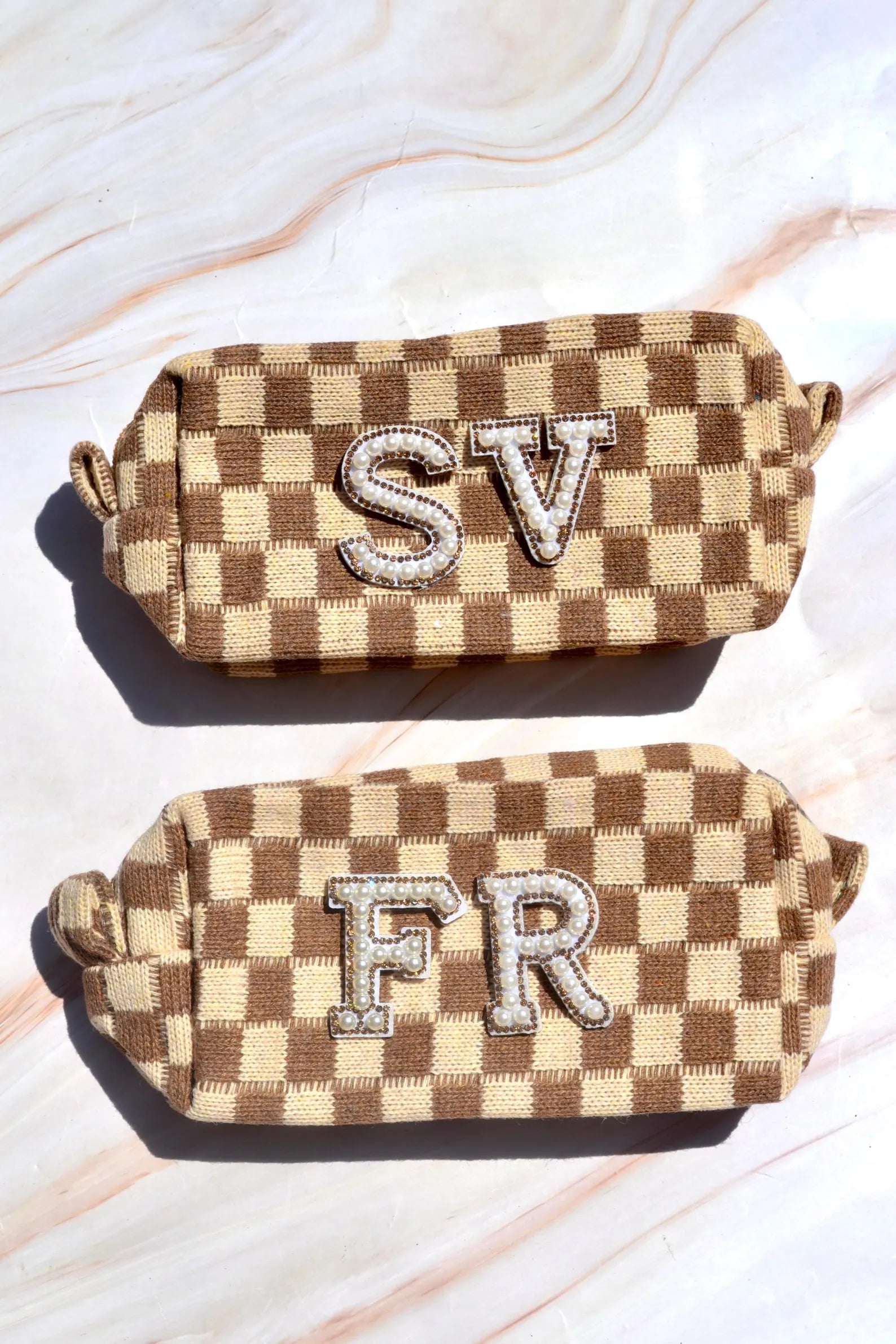 Custom Brown Checkered Bridesmaids Makeup Bag