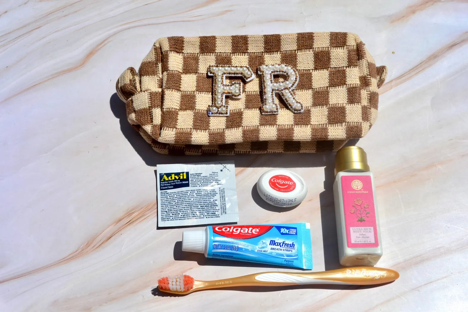 Custom Brown Checkered Bridesmaids Makeup Bag