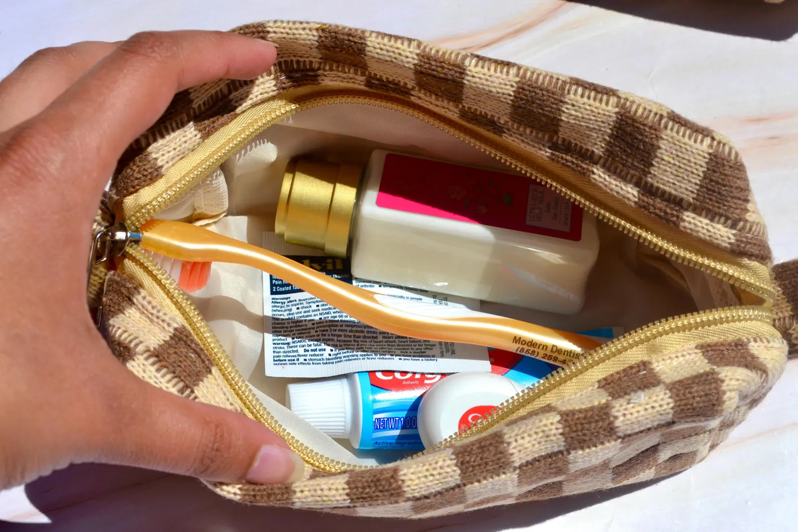 Custom Brown Checkered Bridesmaids Makeup Bag