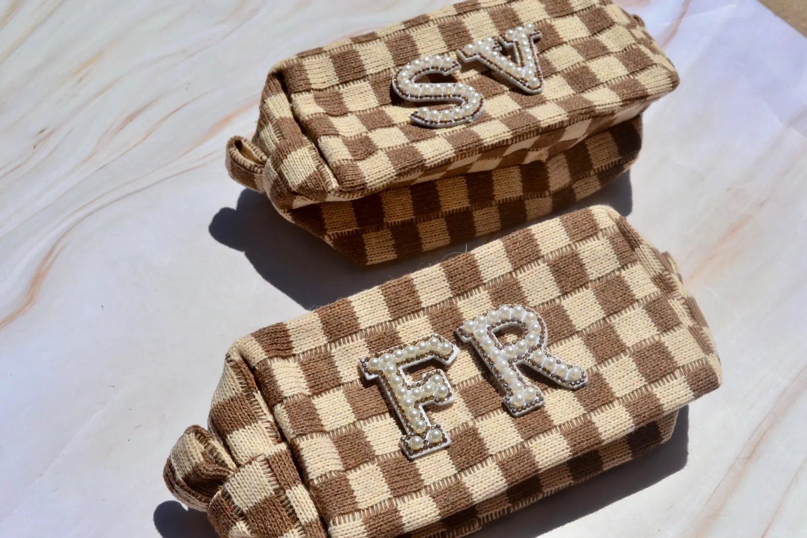 Custom Brown Checkered Bridesmaids Makeup Bag