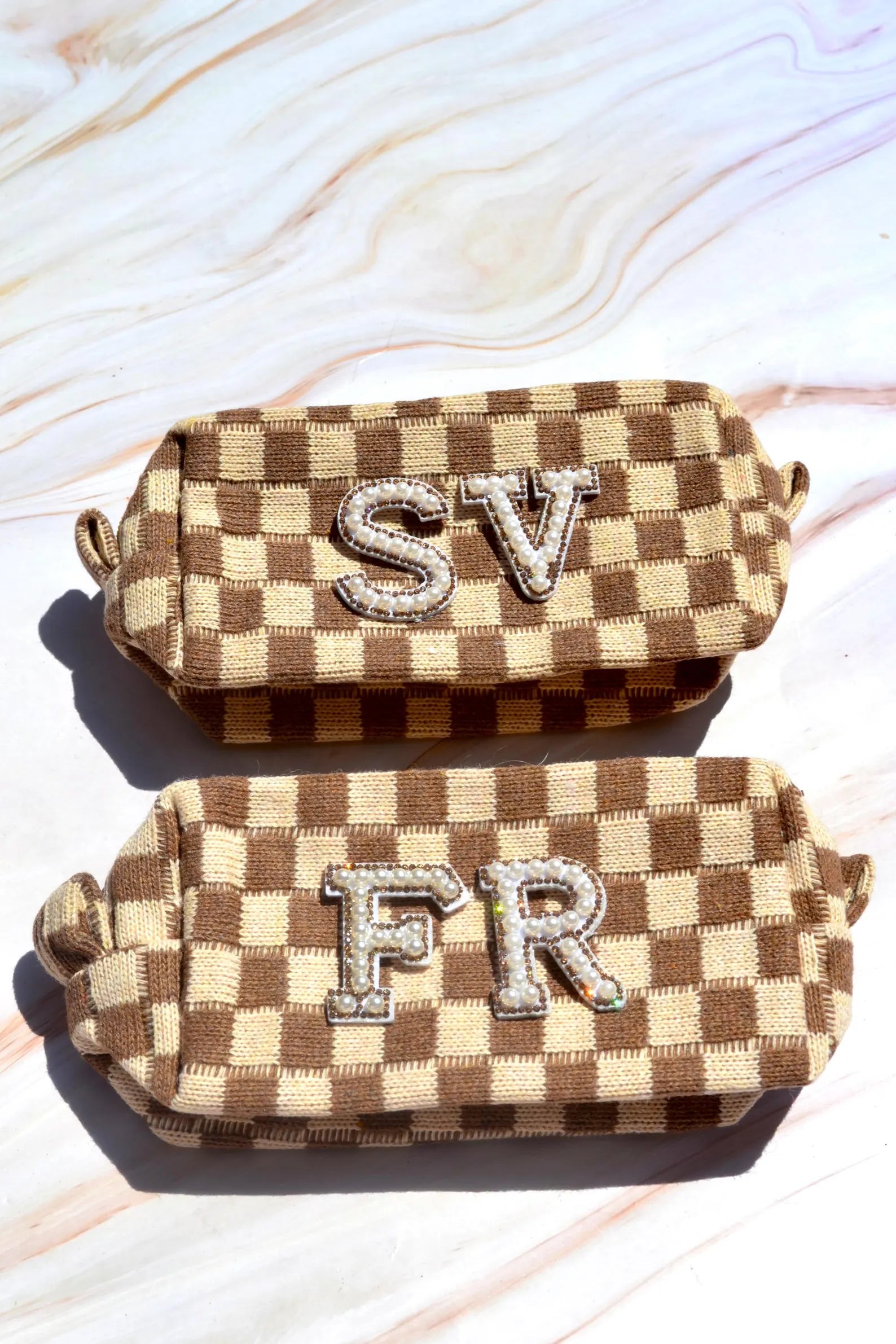 Custom Brown Checkered Bridesmaids Makeup Bag